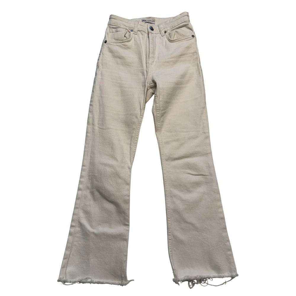 Zara Jeans Womens 2 White High Rise Straight Crop Raw Hem Stretch Denim Pants